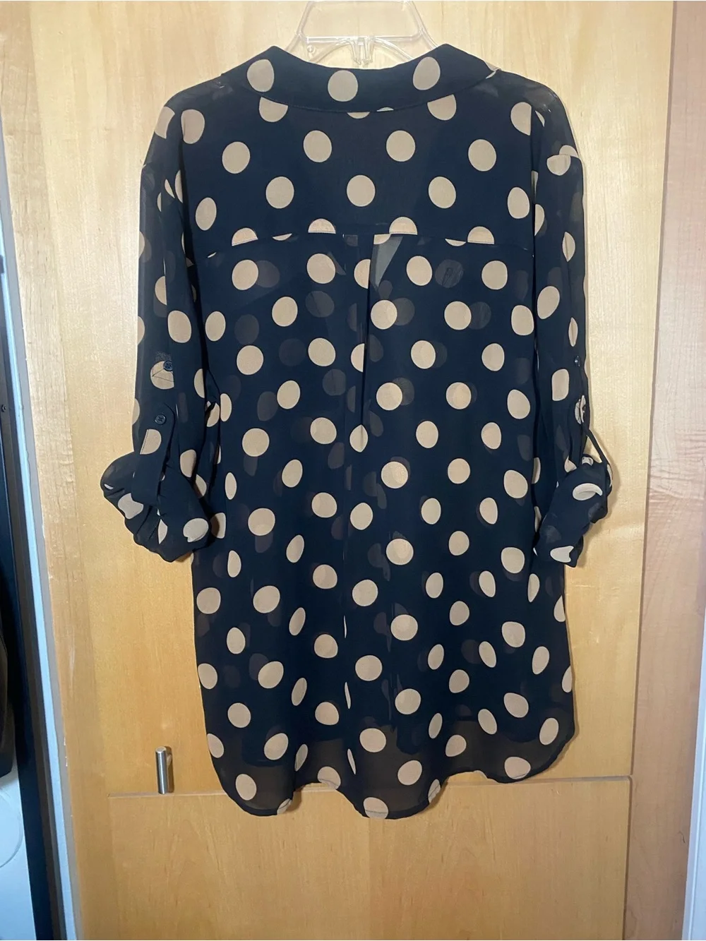 Express 2013 The Portofino Shirt Black Beige Polka Dot Button Up Blouse L